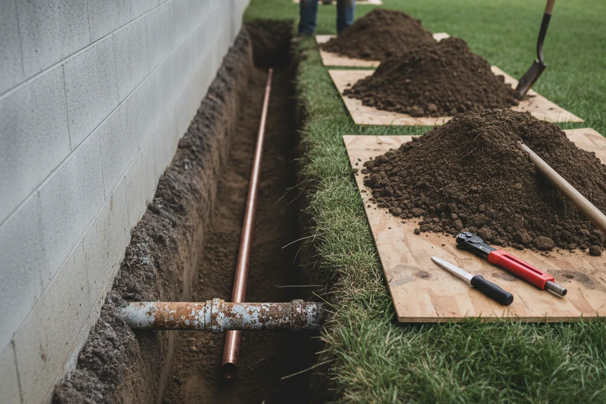 Excavated water line trench during Water Softener Installation in Carnesville
